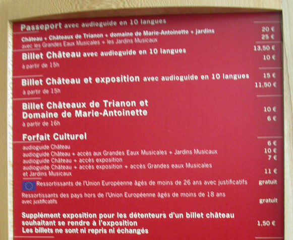 Prix billet versailles