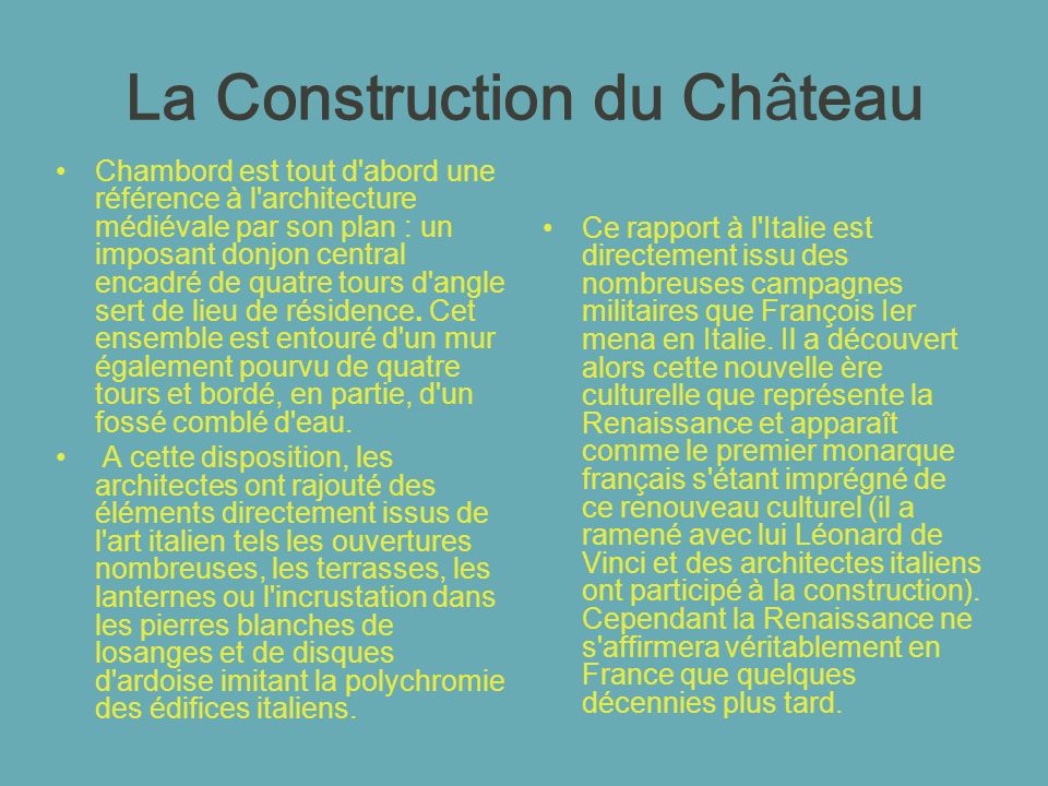 Date de construction du chateau de chambord